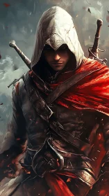 Hooded rogue prowls through embers in crimson-wrapped silence