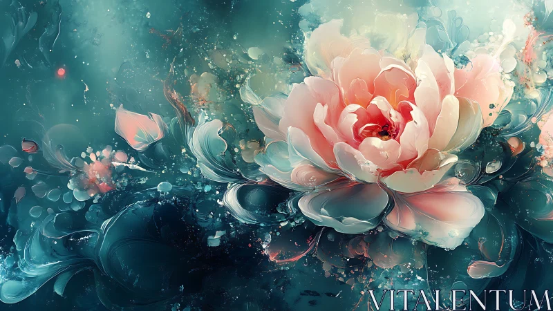Digital Bloom Merging Pink Peony Against Teal Abstraction.