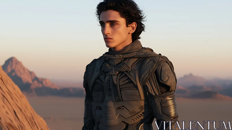 Desert-clad figure in tactical sci-fi armor studies distant horizon