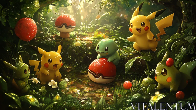 Playful electric and forest creatures gather in glowing glade.