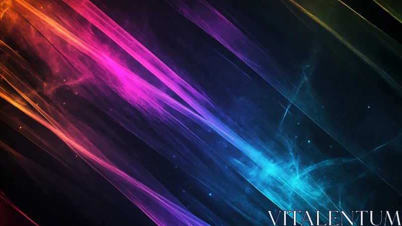 Diagonal multicolor light streaks traverse a dark backdrop