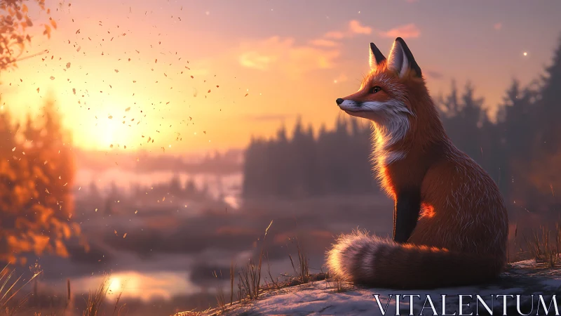 Volumetric dusk lighting on fox fur in atmospheric landscape.