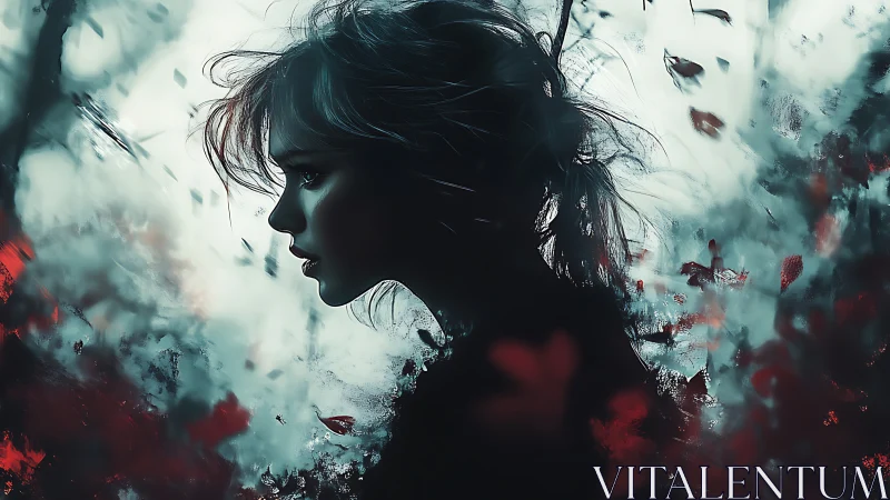 Silhouetted female profile in turbulent chromatic aerosol field.