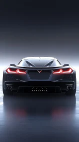 Low-angle rear view sports car with glowing red taillights.