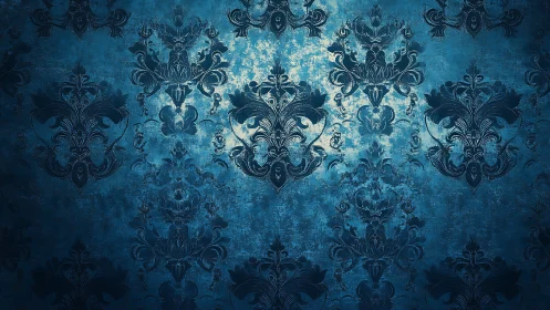 Blue damask wallpaper pattern with worn textured surface.