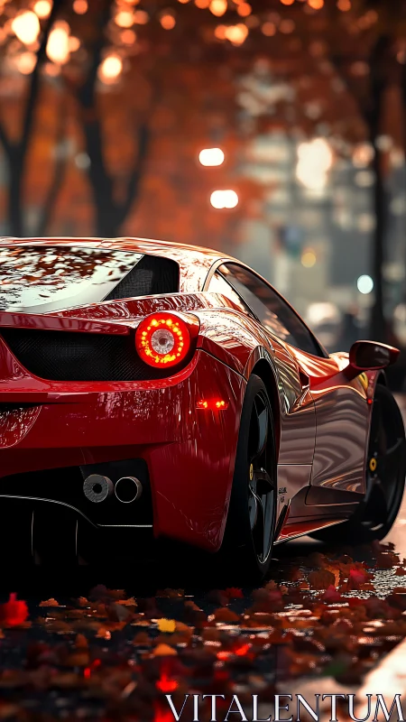 Red supercar rear view in glossy autumn city light.