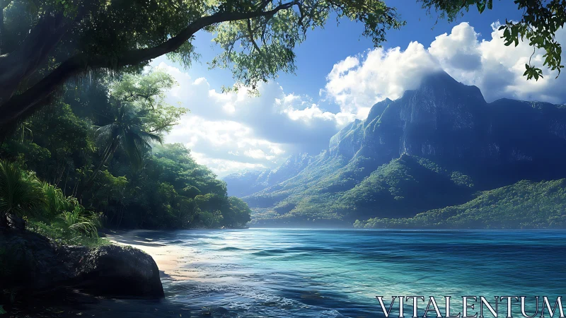 Tropical Coastal Landscape with Mountain Formation.
