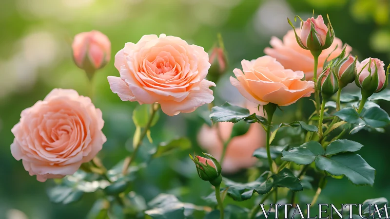 Peach-pink roses in full bloom with buds on green foliage