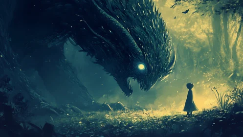 Child confronts glowing eyed forest beast in misty glade