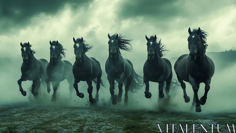 Galloping black horses in cinematic stormlit dust charge.