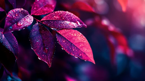 Pink wet leaves in sharp macro focus against blurred light