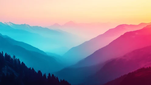 Gradient-lit alpine mountain ridges with atmospheric color haze