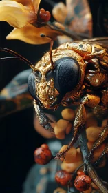 Macro study of metallic insect sculpture on branch.