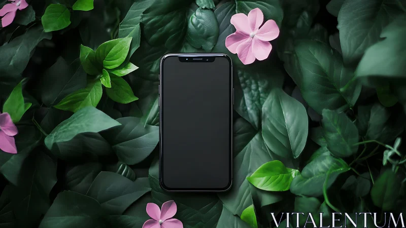 Smartphone positioned within foliage composition with floral elements