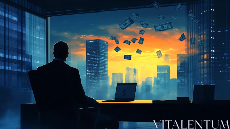 Executive in office watching money float over city skyline.