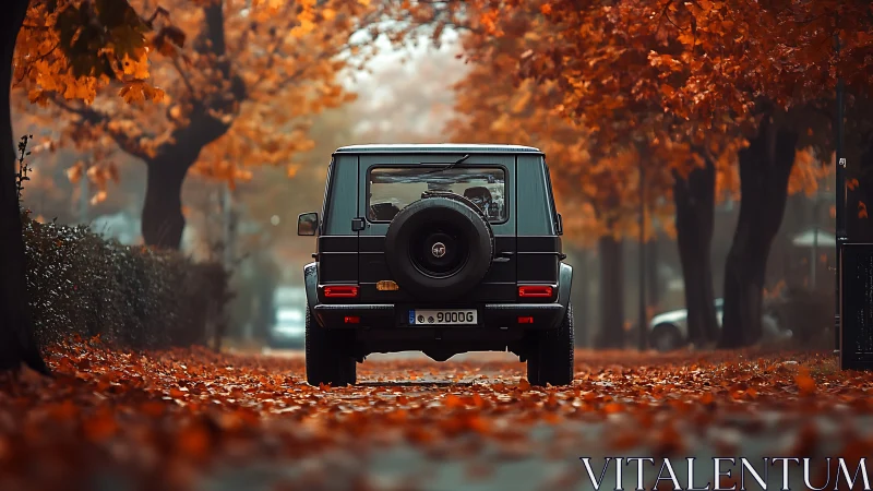 Autumn leaves crown a lone SUV cruising through quiet mist