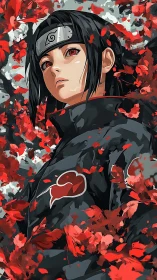 Crimson petals swirl around a thoughtful anime warrior