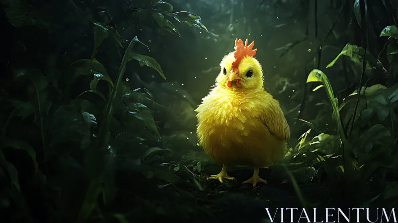 Yellow Chick in Dark Forest Setting with Glowing Particles.