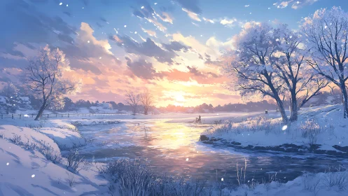 Snowlit river hush under sherbet sunrise skies.