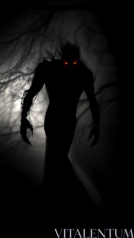 Shadow creature silhouette with glowing eyes in forest.