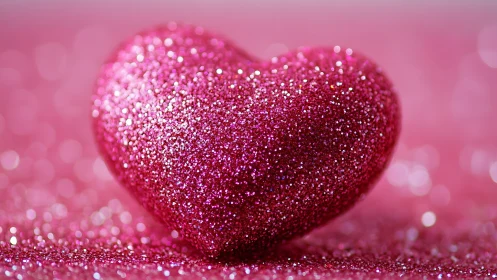 Glitter drenched pink heart glowing in dreamy bokeh haze.