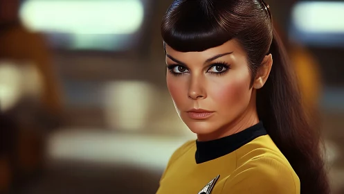 Woman in yellow uniform rendered in detailed digital portrait