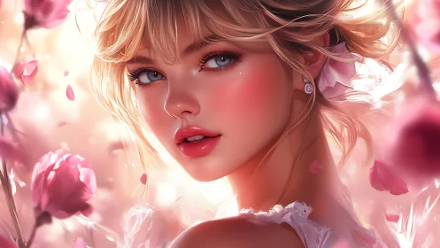 Digital portrait of blonde woman surrounded by pink flowers.