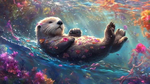 Sea otter in underwater floral environment, digital artwork.