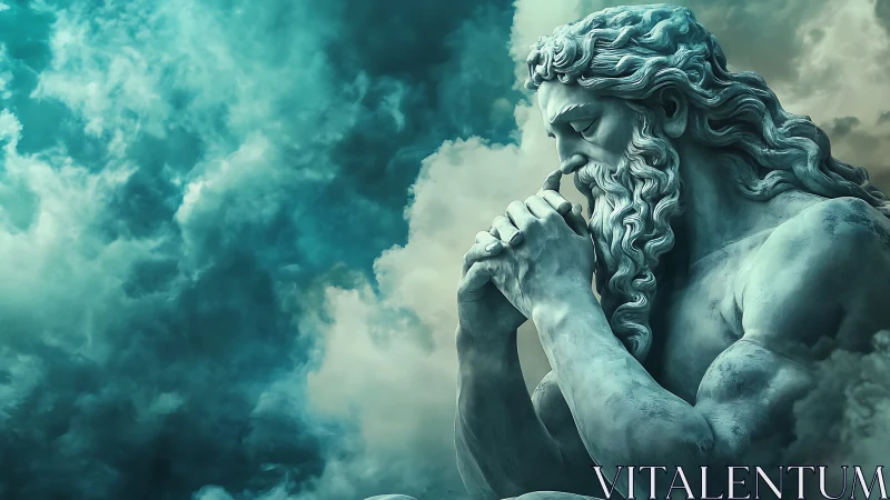 Sky-brooding stone titan prays amid roaring turquoise clouds.