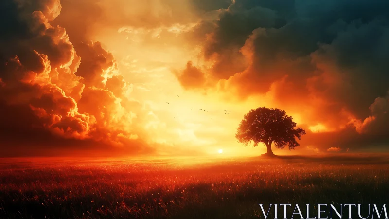 Solitary tree under blazing cinematic sunset skyscape.