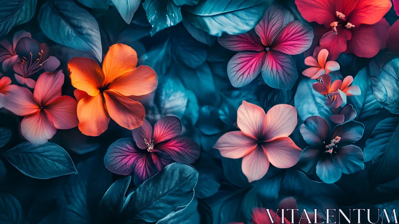 Neon Bloom Symphony: Florals Ablaze in Deep Teal Twilight.