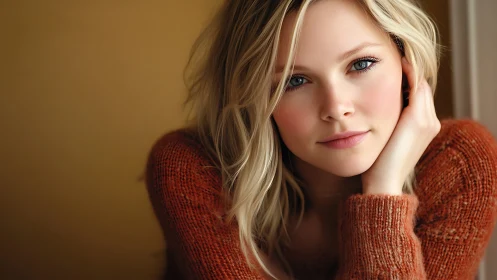 Woman in rust sweater against plain neutral backdrop.