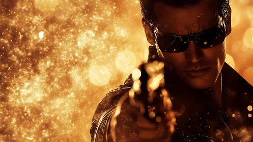 Gunman in sunglasses framed by cinematic golden particle flare