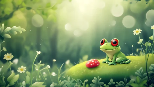 Cartoon frog with exaggerated red eyes on mossy forest mound