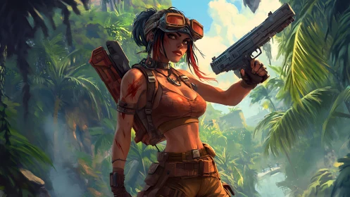 Jungle mercenary heroine in dynamic adventure digital painting.