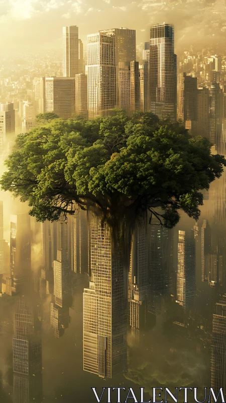 Colossal tree crown merging with futuristic golden cityscape.