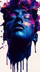 Vivid dripping portrait of a face in blue and magenta paint.