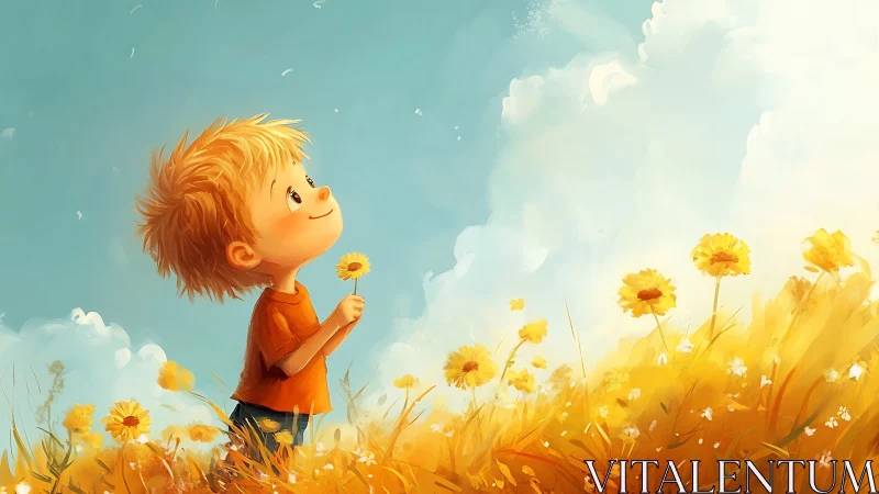 Young child holding flower in bright yellow field under sky.