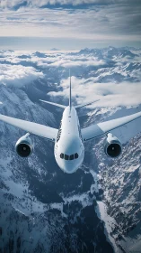 Photorealistic airliner over alpine valley in frontal alignment.