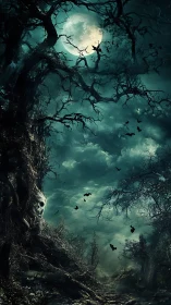 Haunted moonlit forest renders gnarled trees as spectral forms