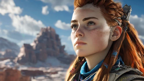 Heroic red-haired warrior gazes over sunlit rocky frontier.