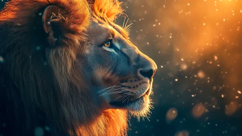 Majestic lion gazes into glowing dusk light with calm strength