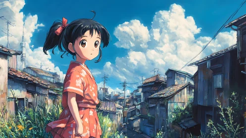 Girl in patterned kimono stands in dense wooden alleyway