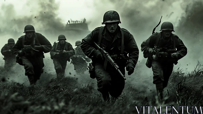 WWII infantry assault under artillery smoke, low-angle charge