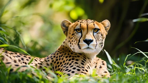 Golden cheetah daydreams in sun-drenched jungle hush.