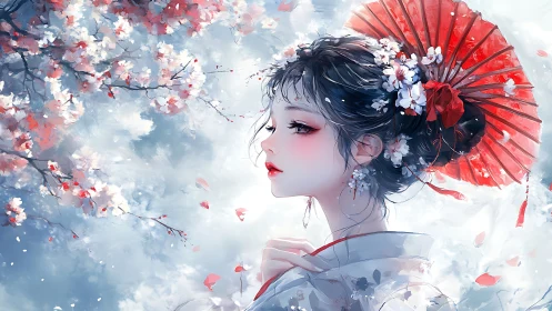 Soft spring daydream with blossom girl and red parasol.