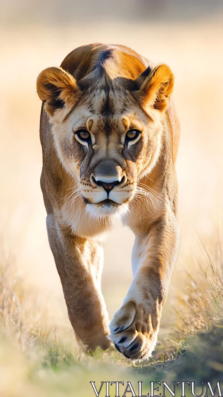 Lioness strides through sunlit grass with unwavering focus