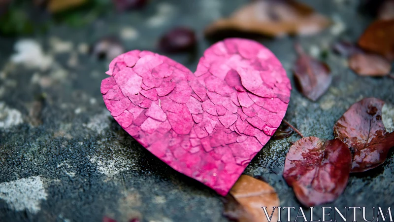 Vibrant Pink Heart-Shaped Leaf on Dark Stone Surface