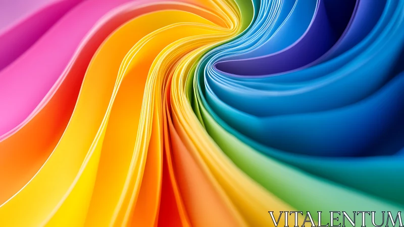 Curved rainbow paper ribbons form a dynamic abstract vortex