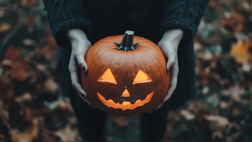 Carved jack o lantern held outdoors in shallow depth focus.